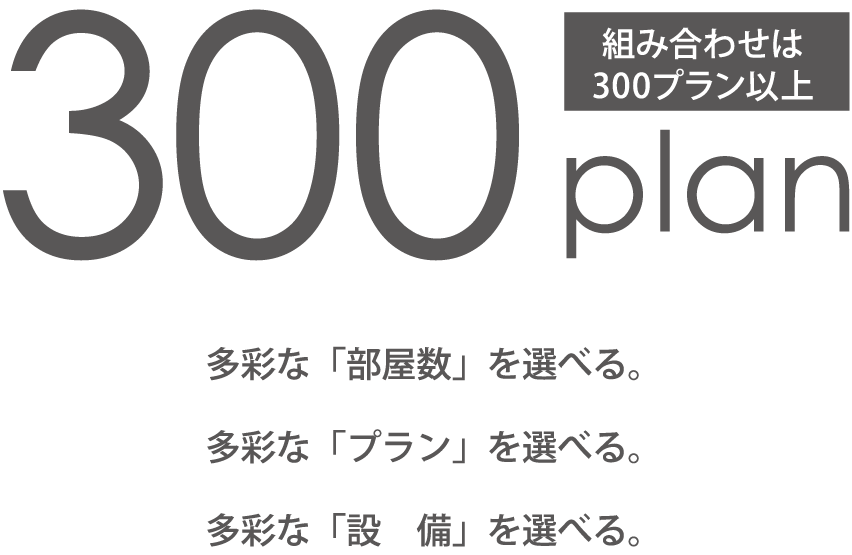 組み合わせは300プラン以上。多彩な「部屋数」を選べる。多彩な「プラン」を選べる。多彩な「設備」を選べる。